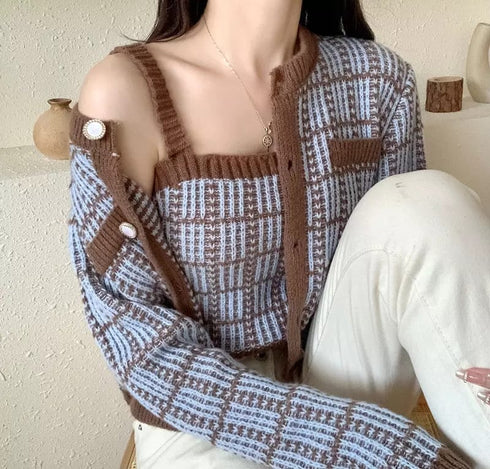 Elegant Plaid Round Neck Soft Knitted Cardigan Sweater with Tank Top Set